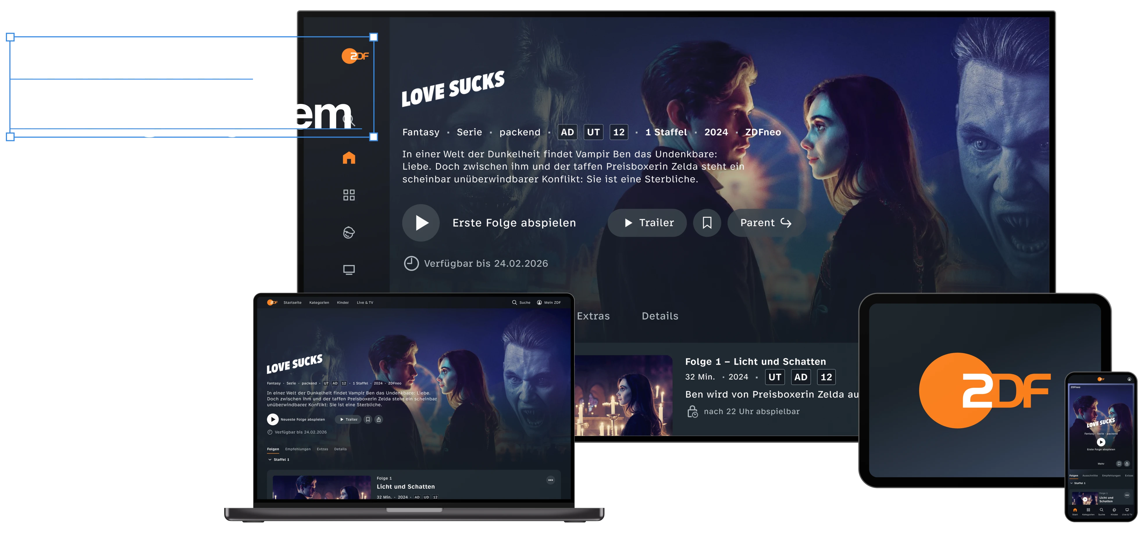 Geräte-Mockups (TV, Laptop, Tablet, Smartphone) mit einheitlicher „Love Sucks“-Oberfläche – „6 Platforms 1 Design System“
