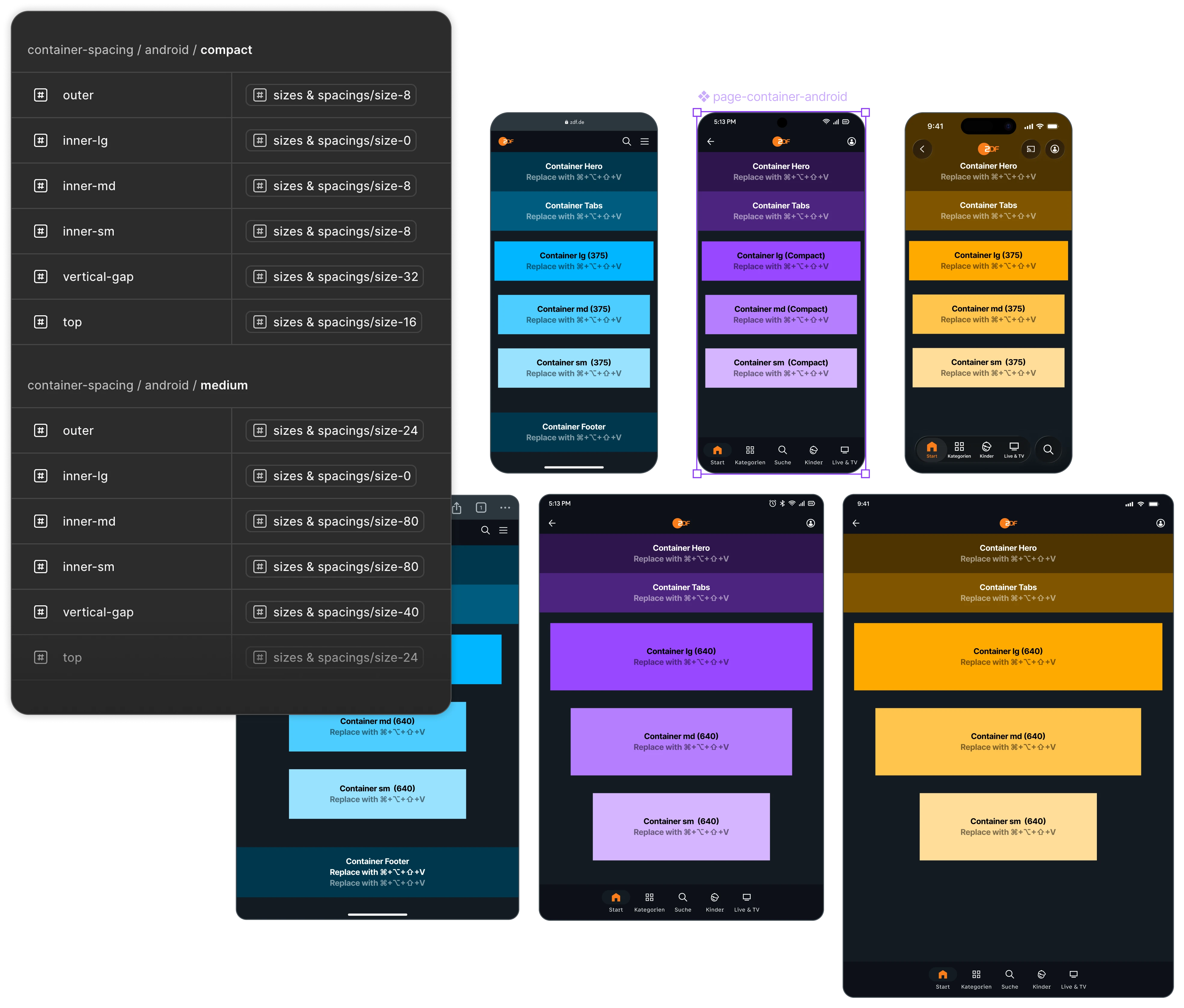 Responsive Container-Spezifikation für Android compact und medium mit Seiten-Layouts