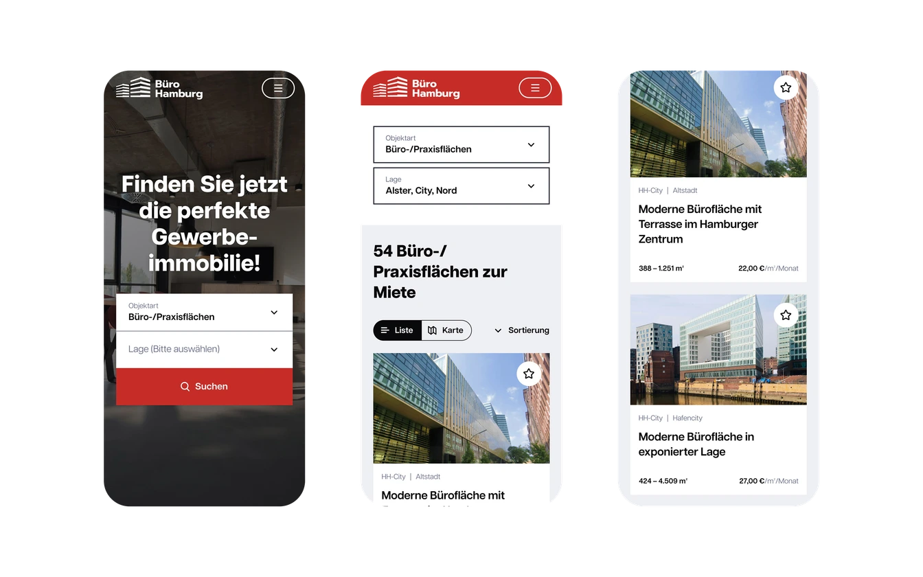 Drei Smartphone-Screens: Mobile-Navigation und Inhaltsseiten