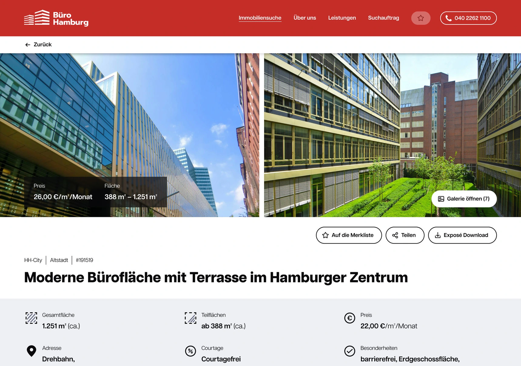 Tablet: Immobiliendetail mit Kennzahlen und Exposé-Aktionen