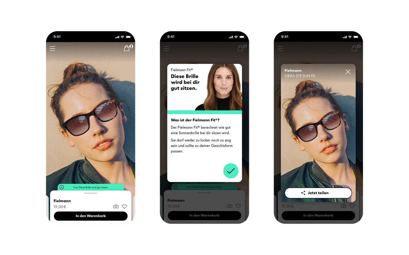 Drei Smartphone-Screens: Fielmann Fit® mit Passform-Hinweis, Erklär-Modal und Teilen-Ansicht