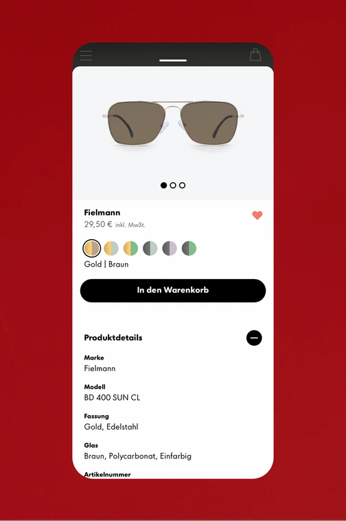 Produktseite: Pilot-Sonnenbrille mit Farbvarianten und Produktdetails