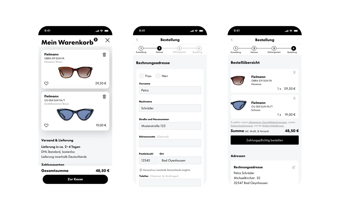 Drei Smartphone-Screens: Warenkorb, Adresseingabe und Bestellübersicht