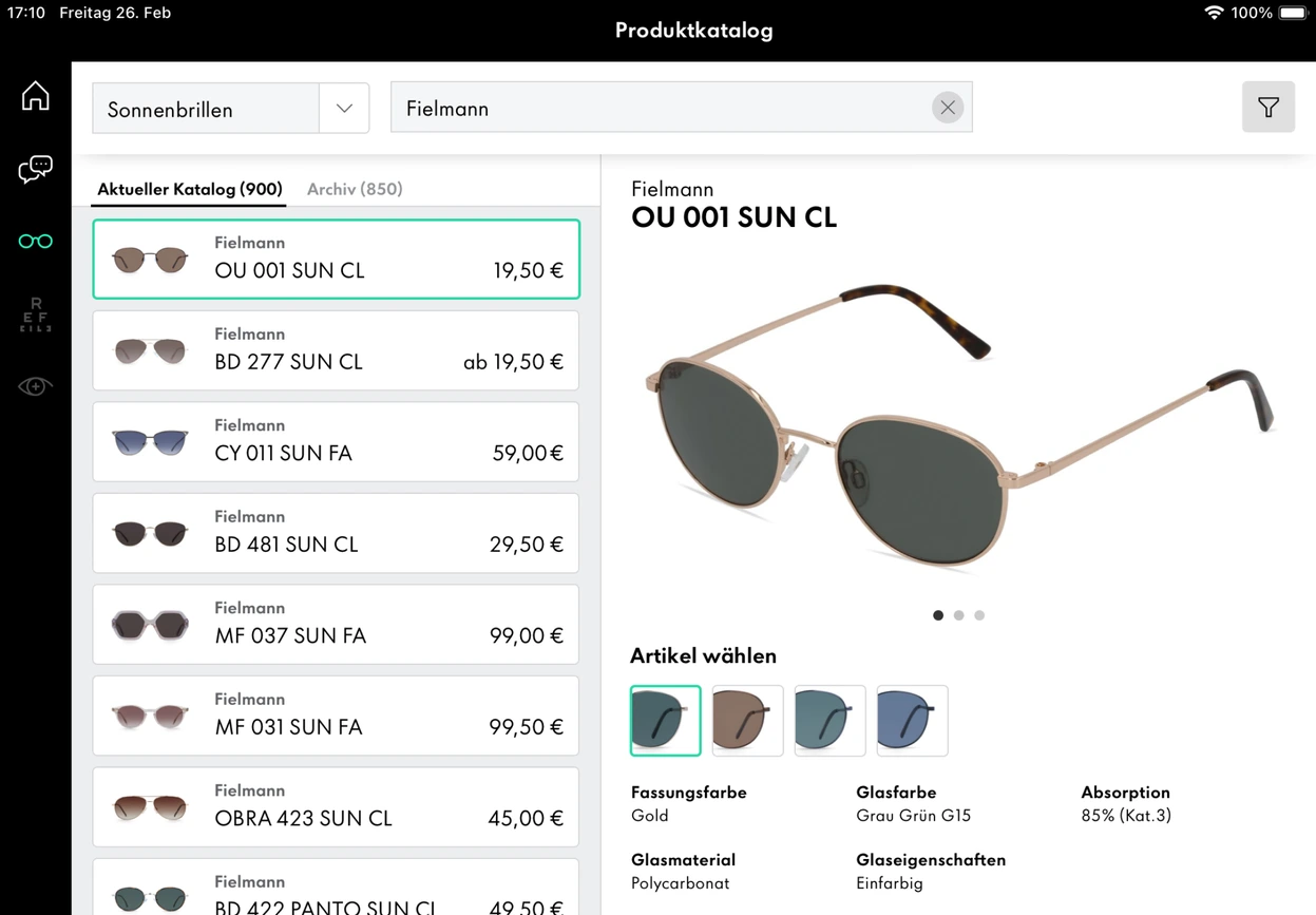 iPad-Katalog: Sonnenbrillen-Split-View mit Liste und Detail „OU 001 SUN CL“