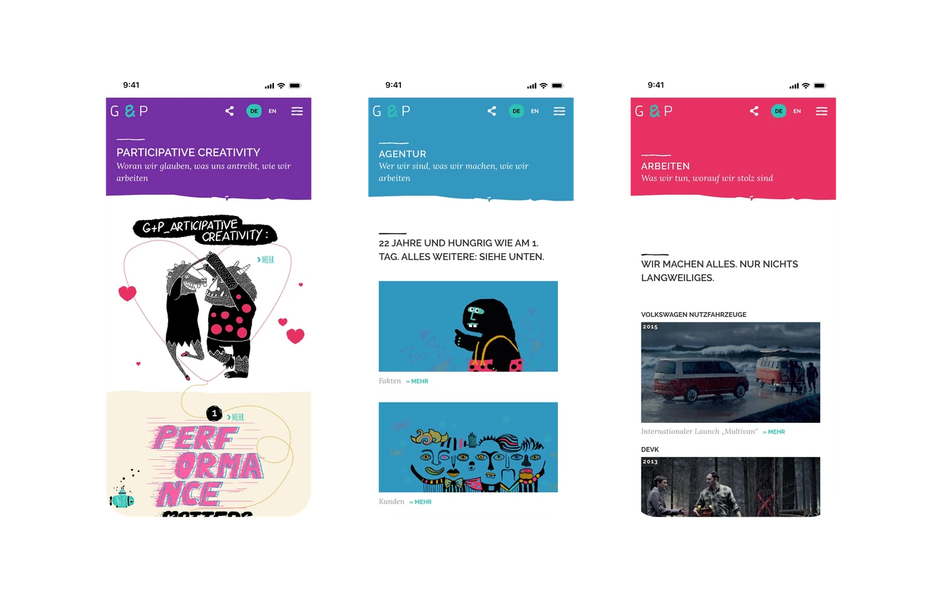 Drei Smartphone-Screens: Participative Creativity, Agentur und Arbeiten