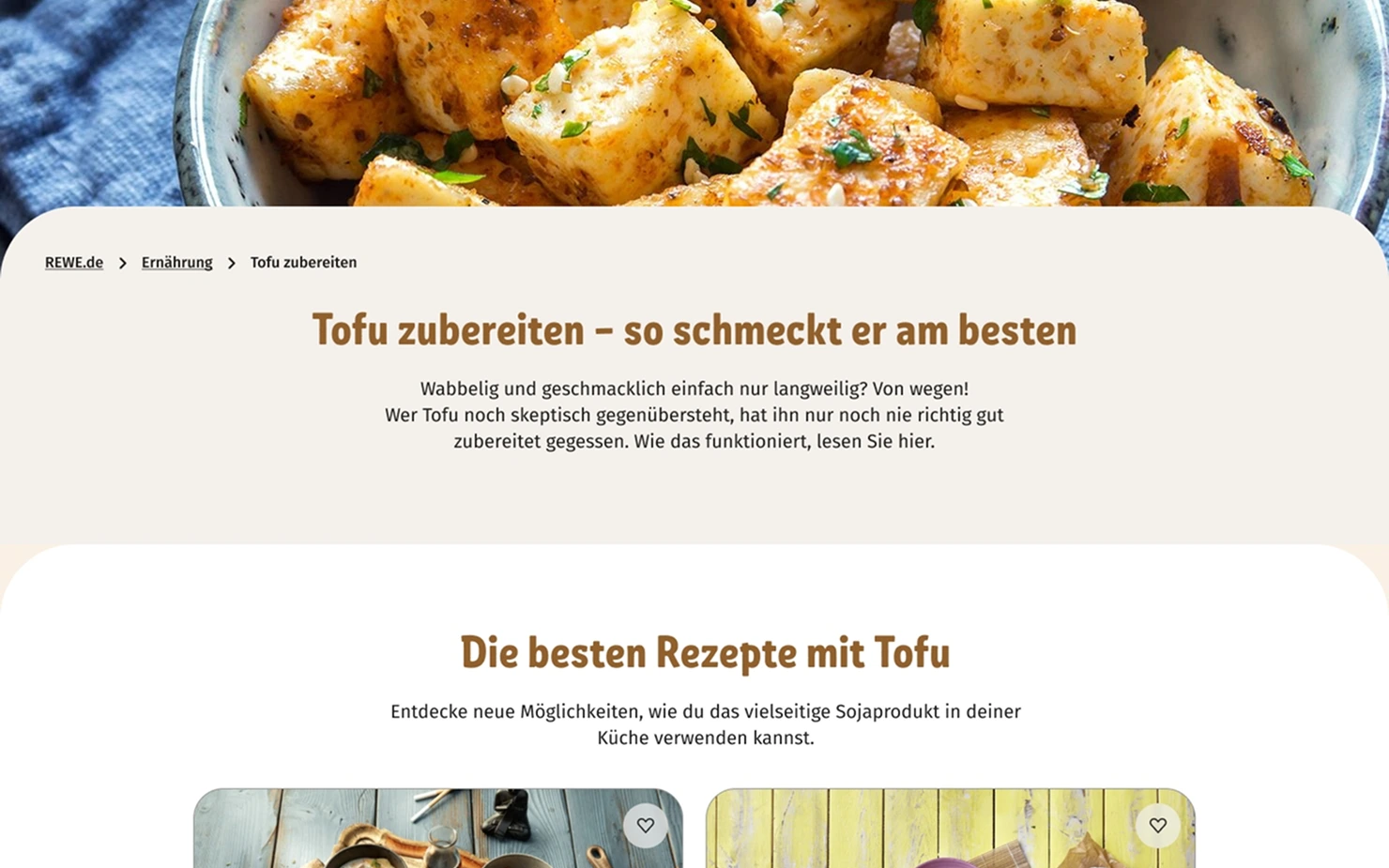 Tablet-Ansicht: Artikel „Tofu zubereiten“ mit Hero-Foto und Rezeptkacheln