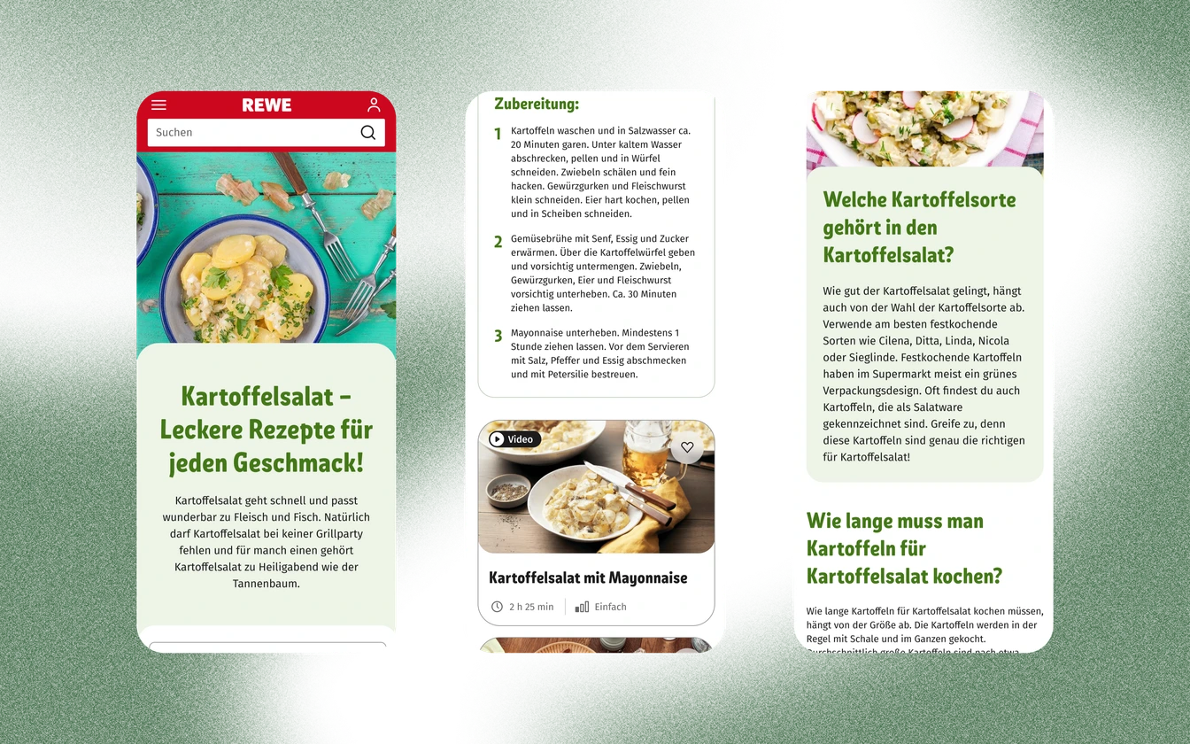 Drei Smartphone-Screens: Kartoffelsalat-Rezepte mit Hero, Zubereitung und Ratgeber-Text