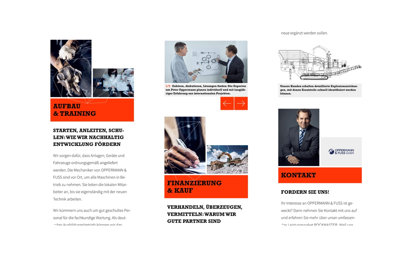 Drei Smartphone-Screens: Sektionen Aufbau & Training, Finanzierung & Kauf, Kontakt