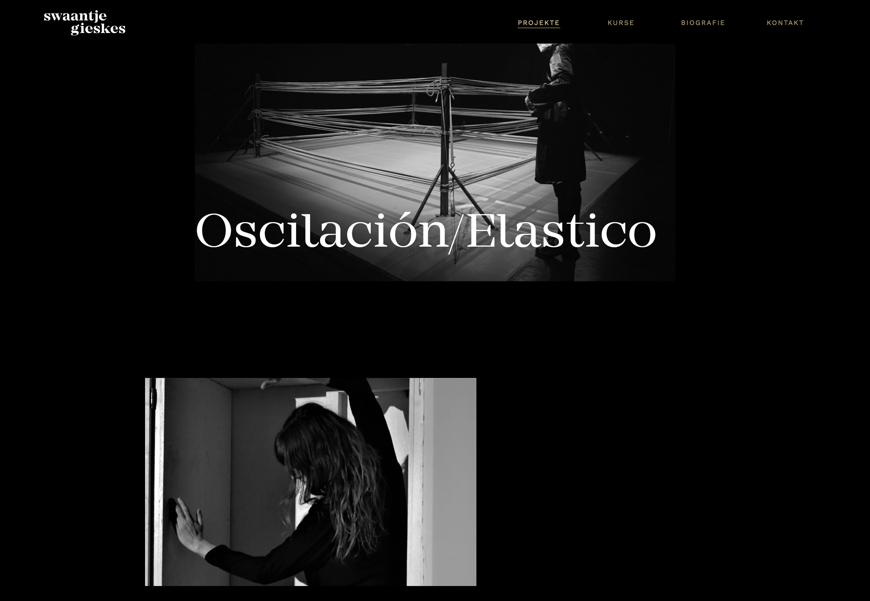 Tablet-Mockup: Projektseite „Oscilación/Elastico“ mit Installation aus Spannschnüren