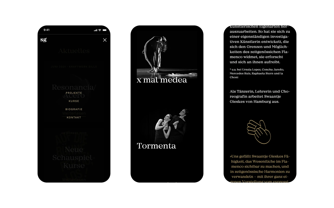 Desktop-Ansicht: dunkles Portfolio-Layout mit Projekt-Teasern