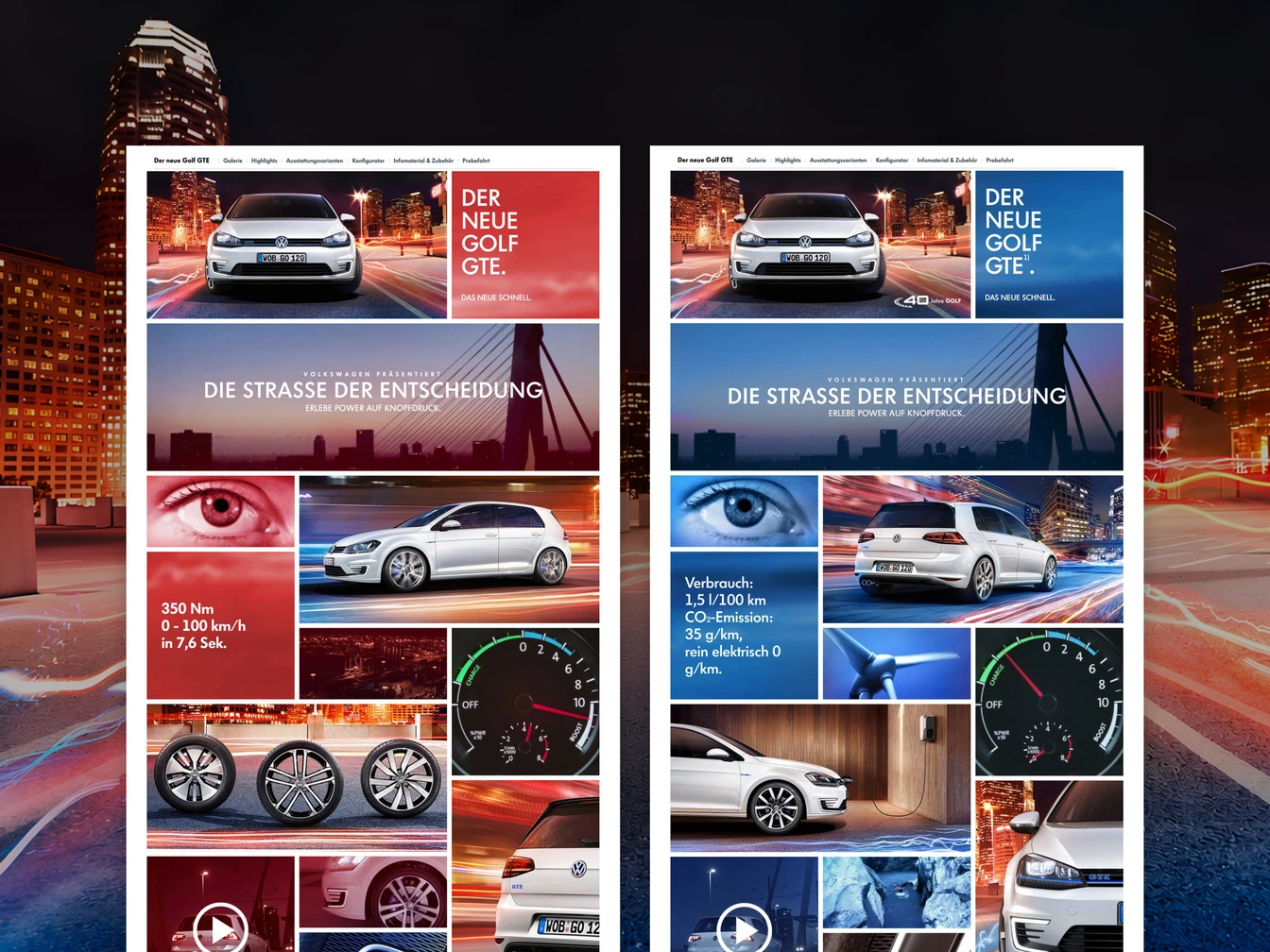 Zwei responsive Layouts: Performance- (rot) und Effizienz-Theme (blau) im Bento-Grid