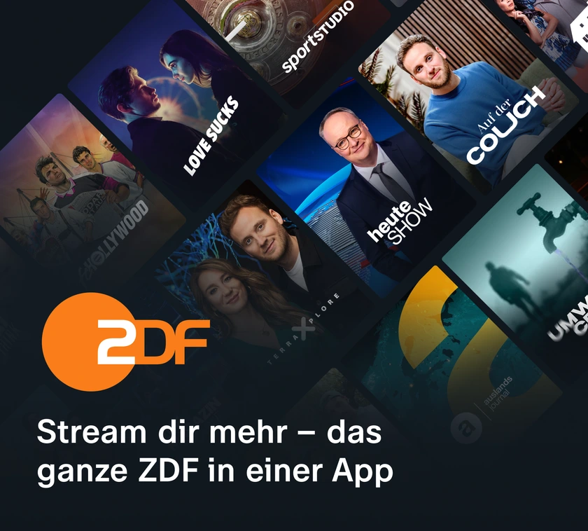 ZDF-App-Promo mit kippender Show-Kachelwand und Claim „Stream dir mehr“