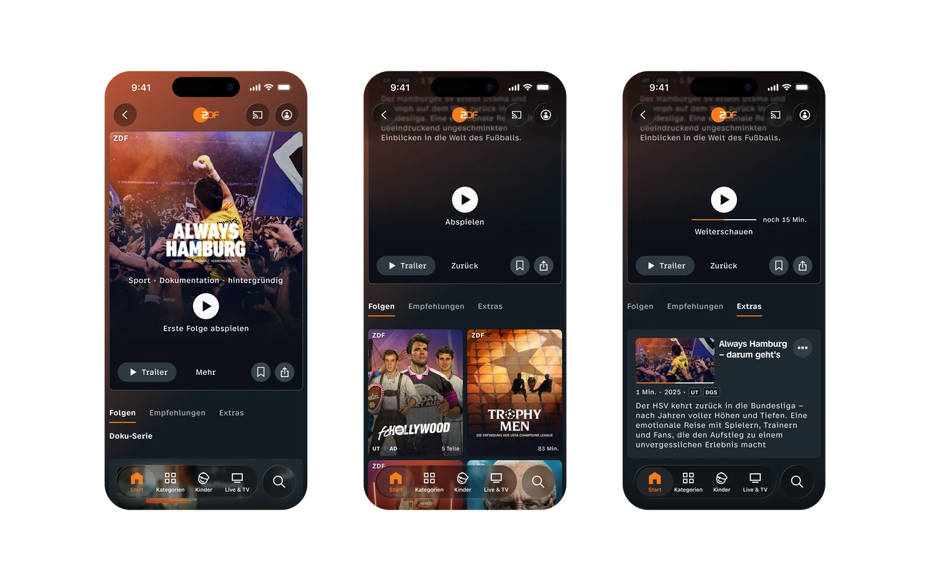 Drei iPhone-Mockups der ZDF-App: Serienseite „Always Hamburg“ mit Folgen, Empfehlungen und Extras