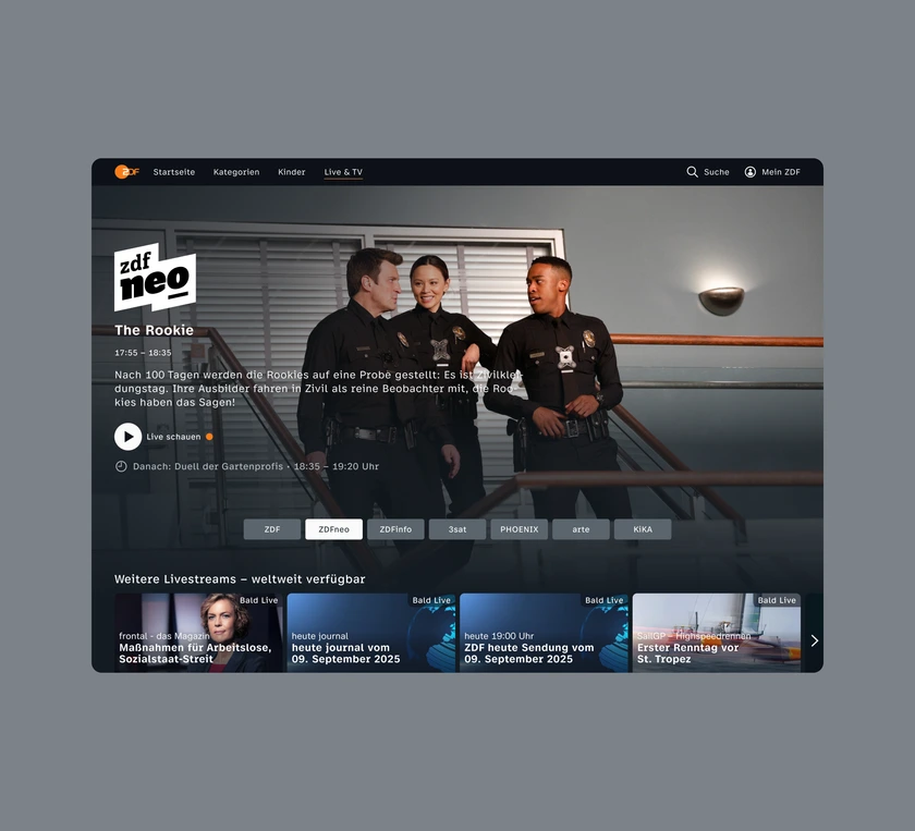 Desktop-Web: Live-&-TV-Seite mit Hero, Kanalleiste und weiteren Livestreams