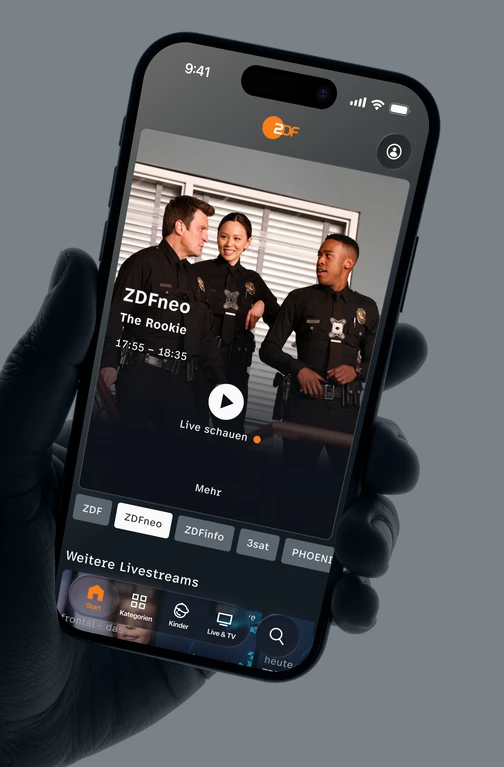 iPhone-Mockup: Live-TV-Ansicht ZDFneo mit „The Rookie“ und Kanalwahl