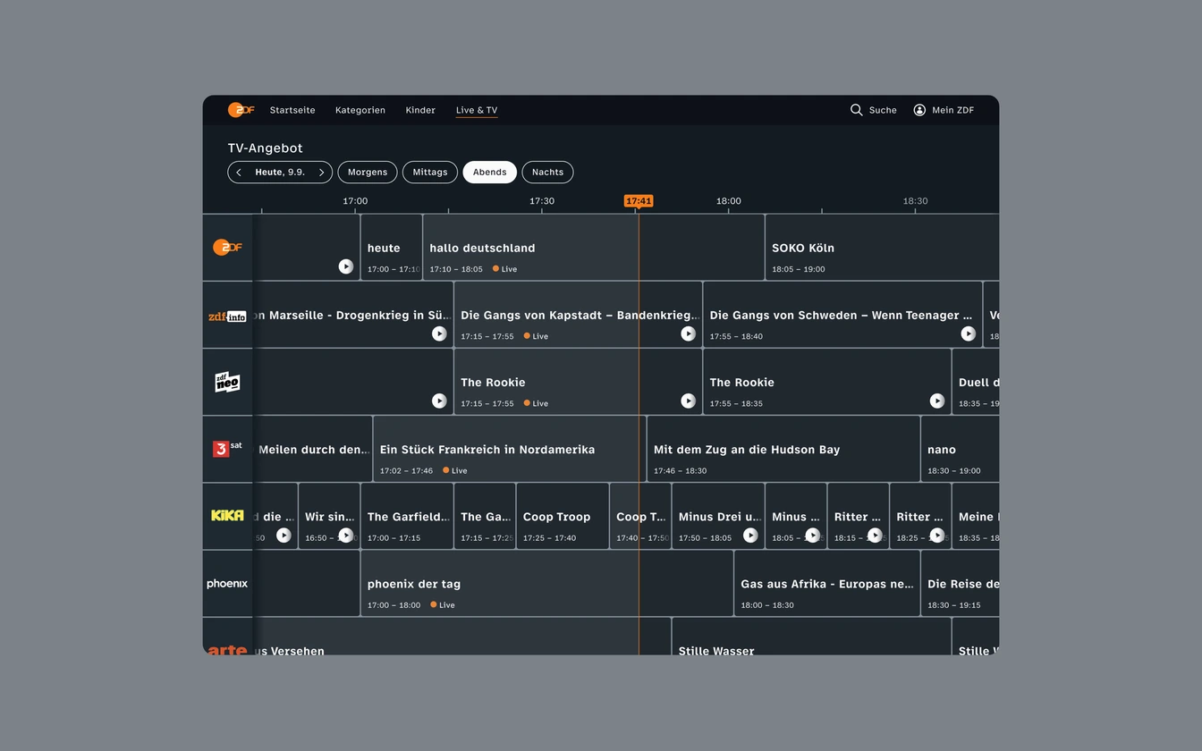 Desktop-Web: TV-Programmübersicht mit Zeitraster, Senderzeilen und Live-Markierung