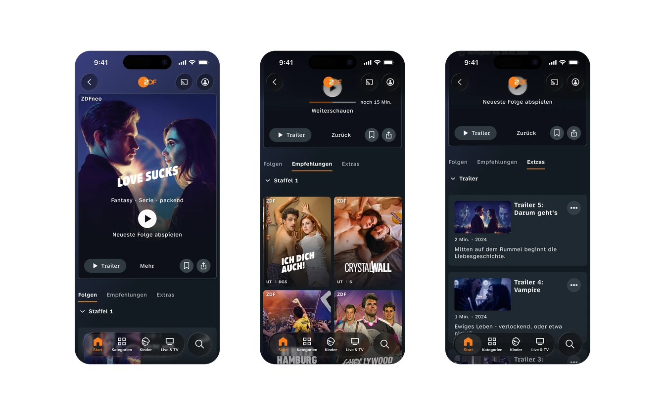 Drei iPhone-Mockups: Seriendetail „Love Sucks“ mit Empfehlungen und Trailer-Extras
