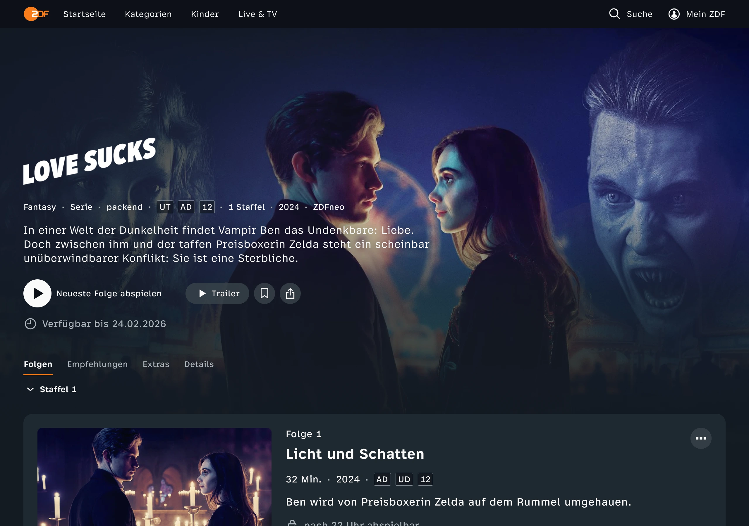 iPad-Mockup: Serienseite „Love Sucks“ mit Folgenliste und Fortschrittsanzeige