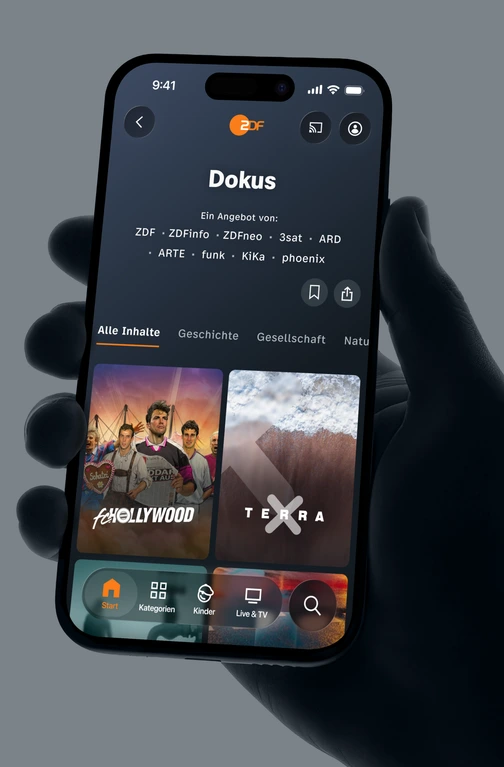iPhone-Mockup: Kategorie „Dokus“ mit Tab-Navigation und Dokumentar-Postern